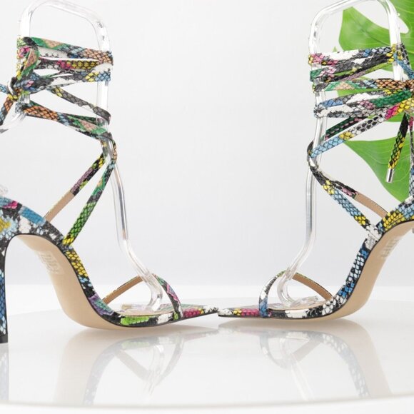 Steve Madden Womens Uplift Sandal Size 7.5 Multicolor Snake Strappy Ankle Wrap - Picture 8 of 13